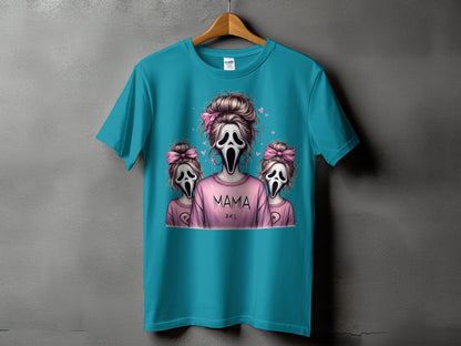 Teal t-shirt with "Mama Des" and Ghostface characters, some with pink bows.