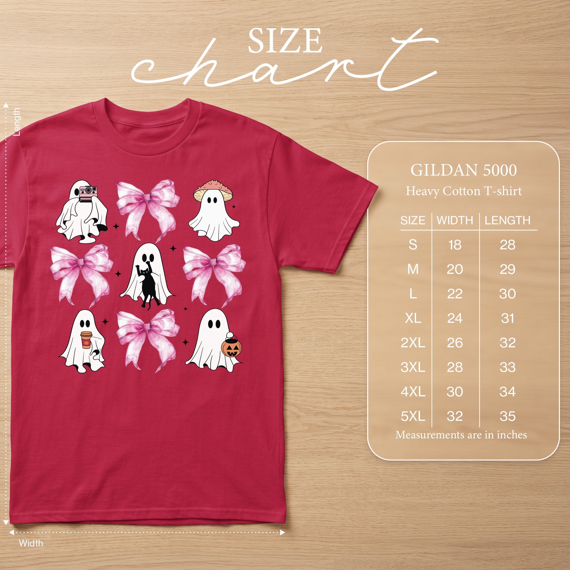 Red Gildan 5000 t-shirt with ghost graphic and size chart.
