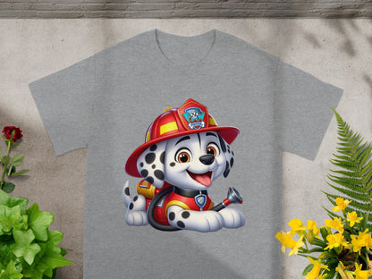 Marshall from Paw Patrol on a grey t-shirt.