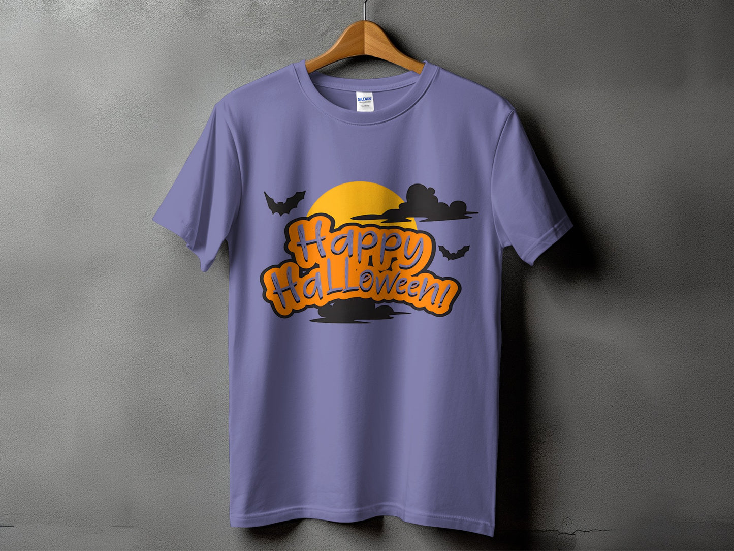 Purple t-shirt with "Happy Halloween!" text, moon, bats, and clouds graphic.