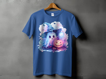 Blue t-shirt with a watercolor ghost wearing a witch hat and a pumpkin.