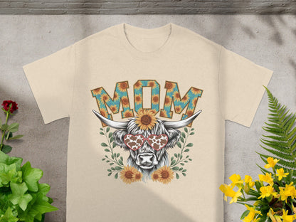 Floral Mom Cow Graphic Tee with Heart Sunglasses