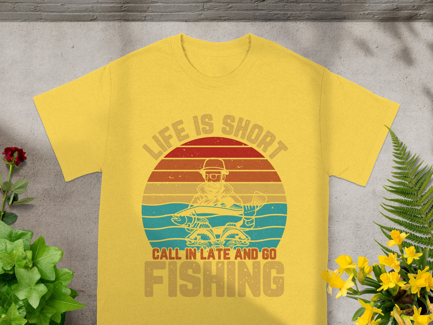 Yellow t-shirt with "Life is Short Call in Late and Go Fishing" and graphic.