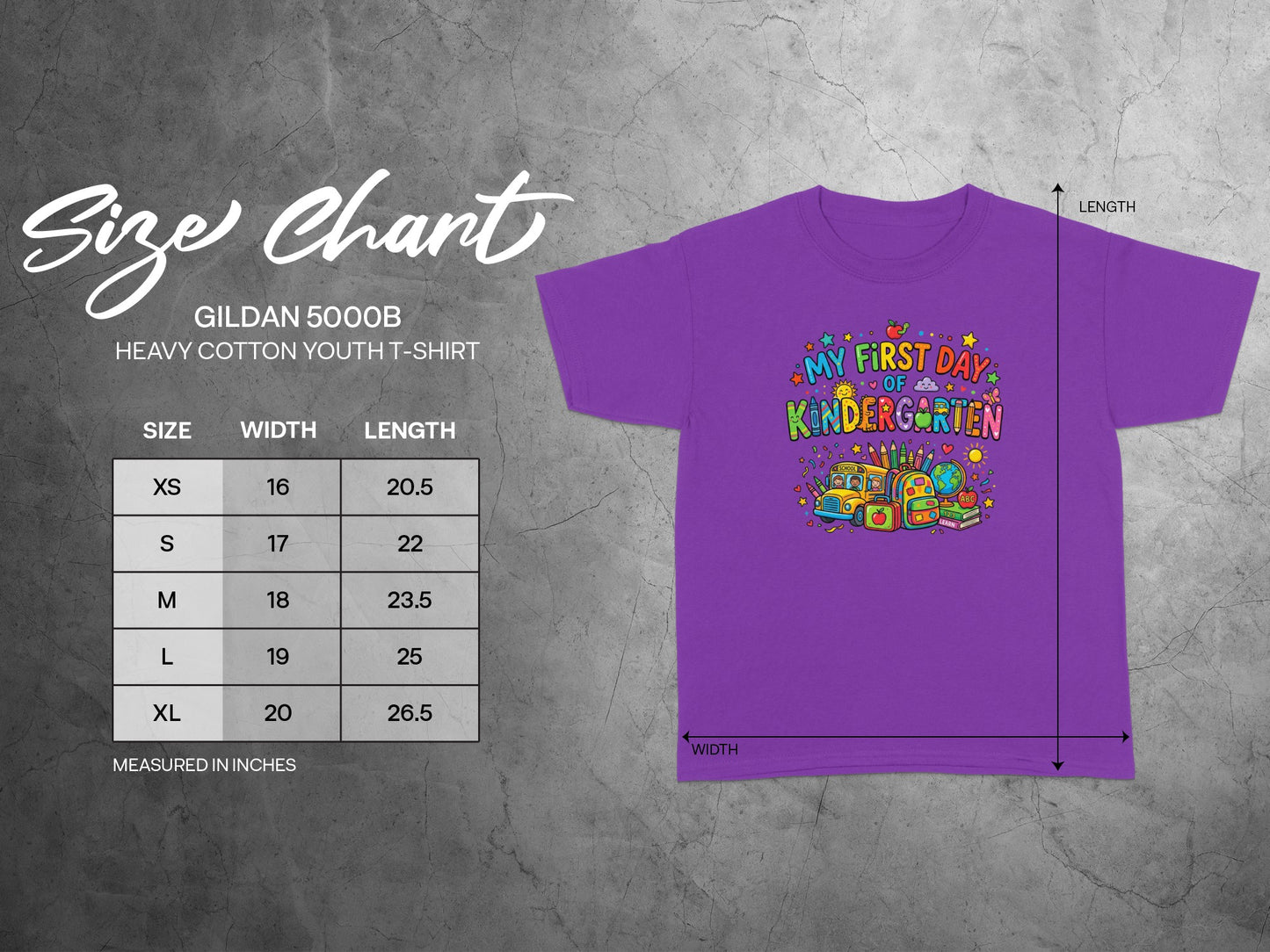 Gildan youth t-shirt size chart with width and length measurements in inches.