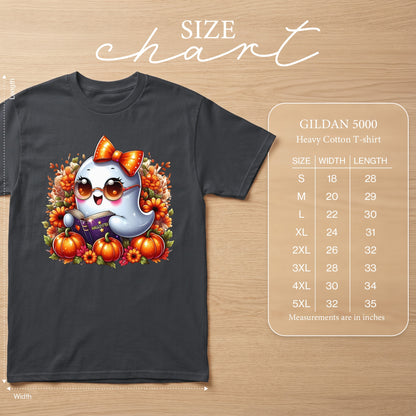 Size chart with a graphic of a cute ghost reading a book, surrounded by pumpkins and flowers.