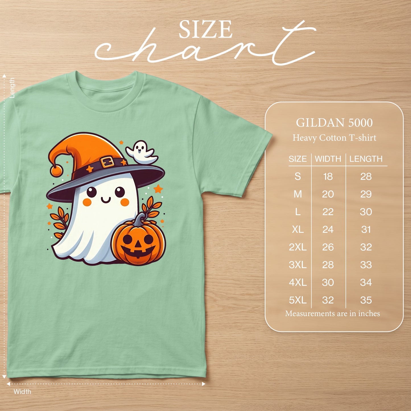 Light green Gildan 5000 t-shirt with a cute ghost wearing a witch hat and holding a pumpkin.