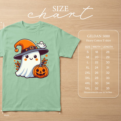 Light green Gildan 5000 t-shirt with a cute ghost wearing a witch hat and holding a pumpkin.