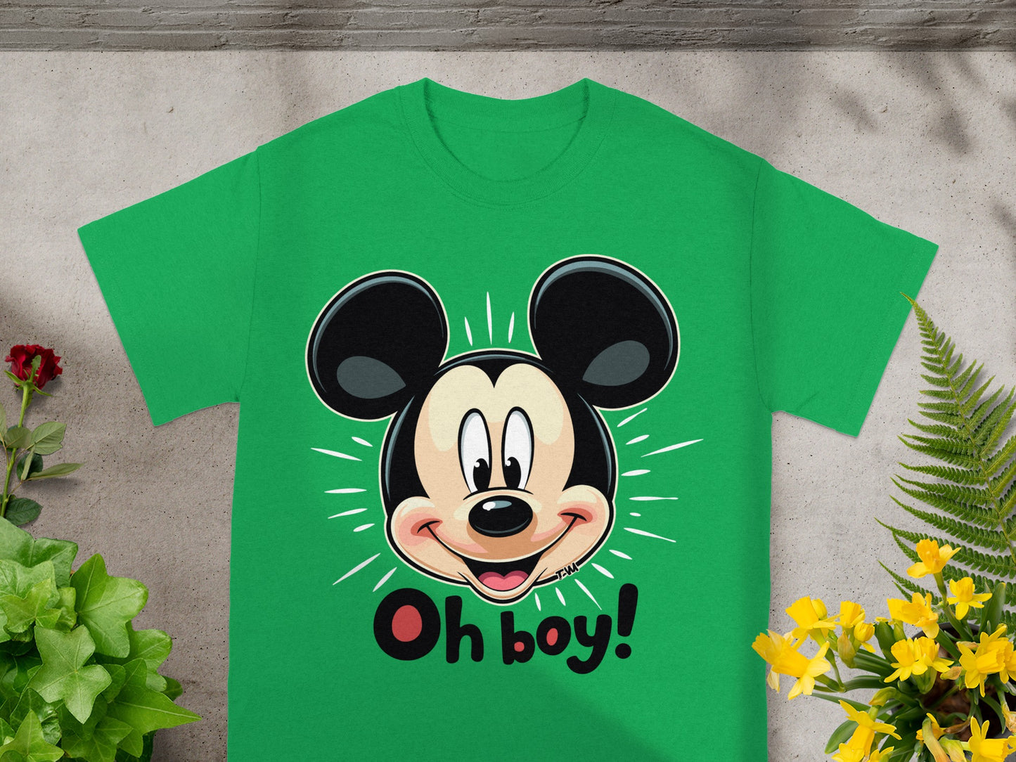 Green t-shirt with Mickey Mouse head graphic and "Oh boy!" text.