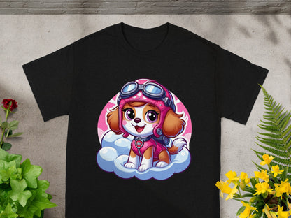 Black t-shirt with Skye from Paw Patrol sitting on a pink cloud.