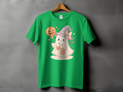 Green t-shirt with a cartoon ghost wearing a witch hat and holding Halloween treats.