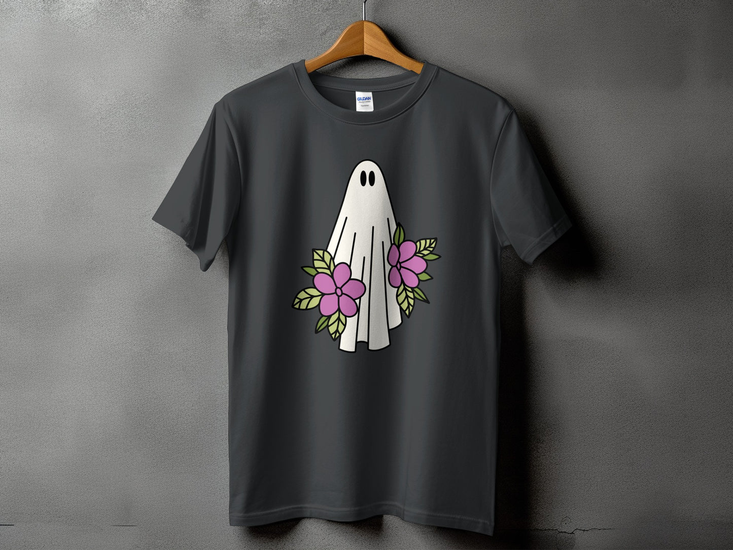 Dark grey t-shirt with a white ghost and pink flowers graphic.