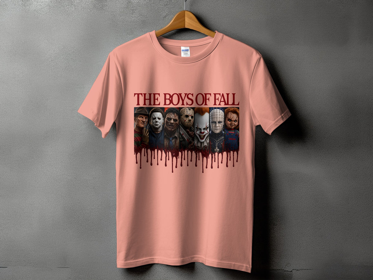 Peach t-shirt with "THE BOYS OF FALL" text and horror characters below.