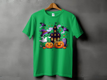 Green t-shirt with Halloween cartoon graphic featuring pumpkins, ghost, bats, and haunted house.