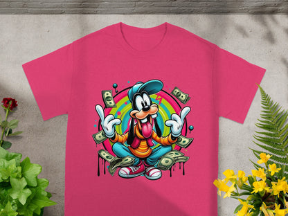 Goofy meditating with money raining down around him.