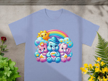 Three Care Bears characters sitting with a rainbow and sun.