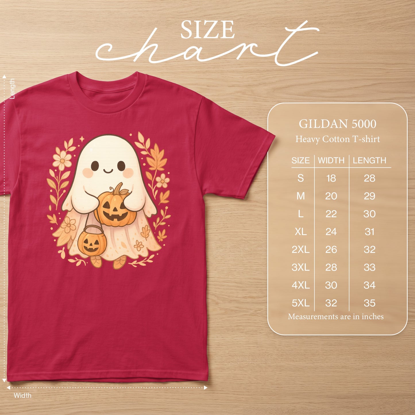 Gildan 5000 heavy cotton t-shirt size chart with cute ghost and pumpkins graphic.