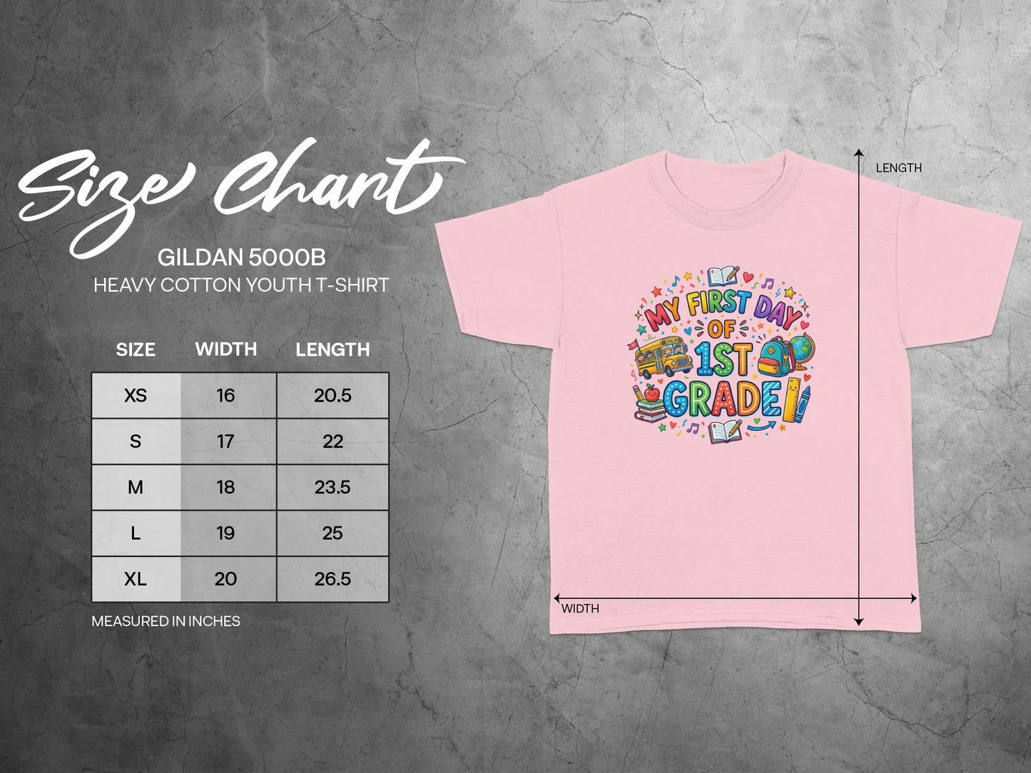 Gildan 5000B youth t-shirt size chart with width and length measurements.
