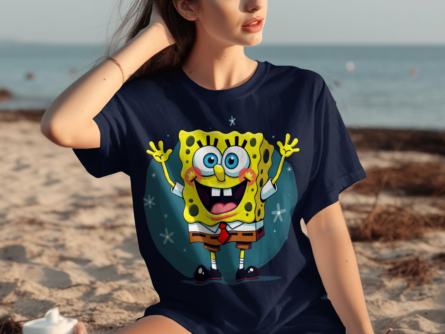 Happy Cartoon Character on the Beach Graphic T-shirt