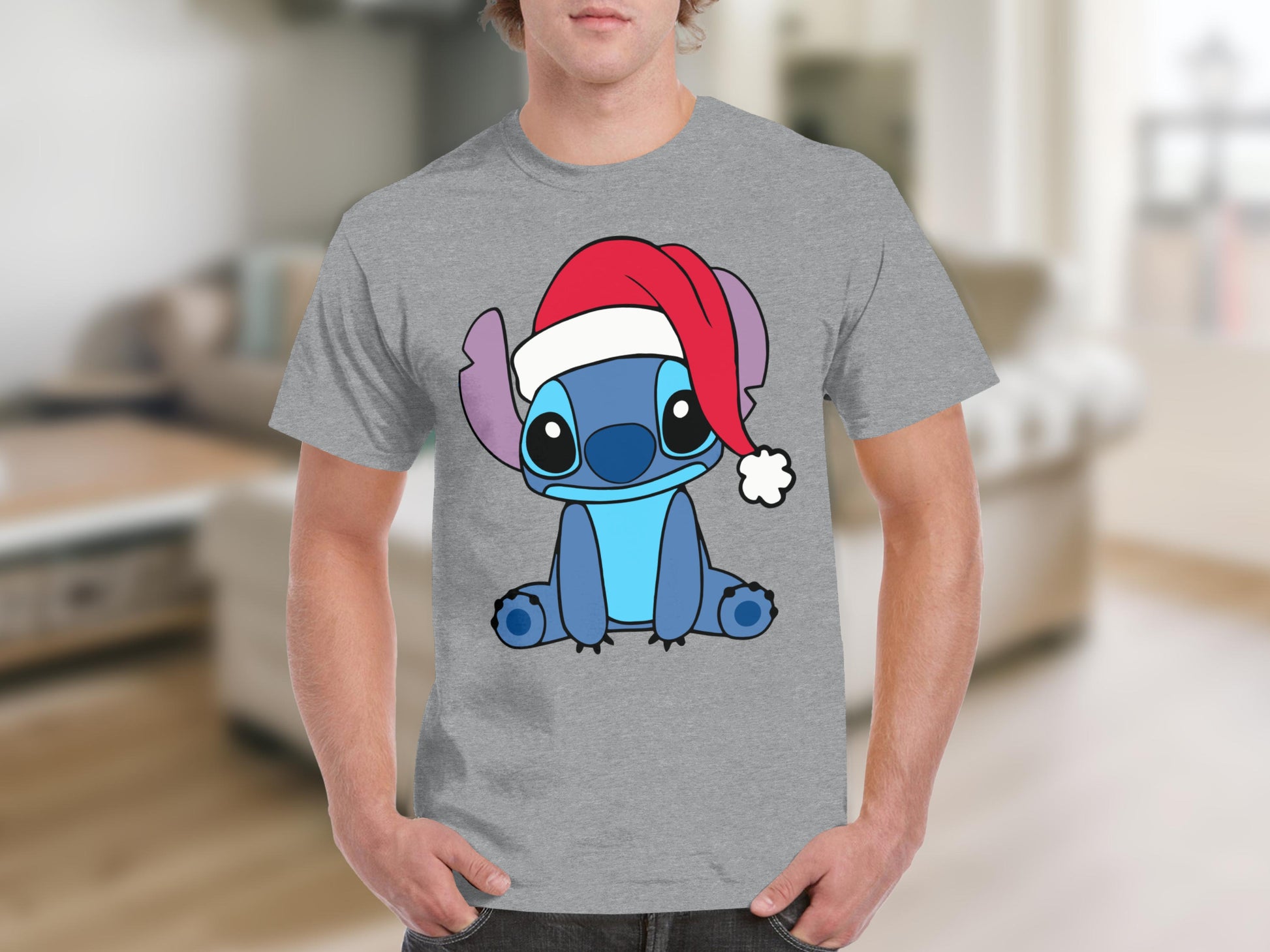 Cute Blue Character in Santa Hat Graphic T-shirt