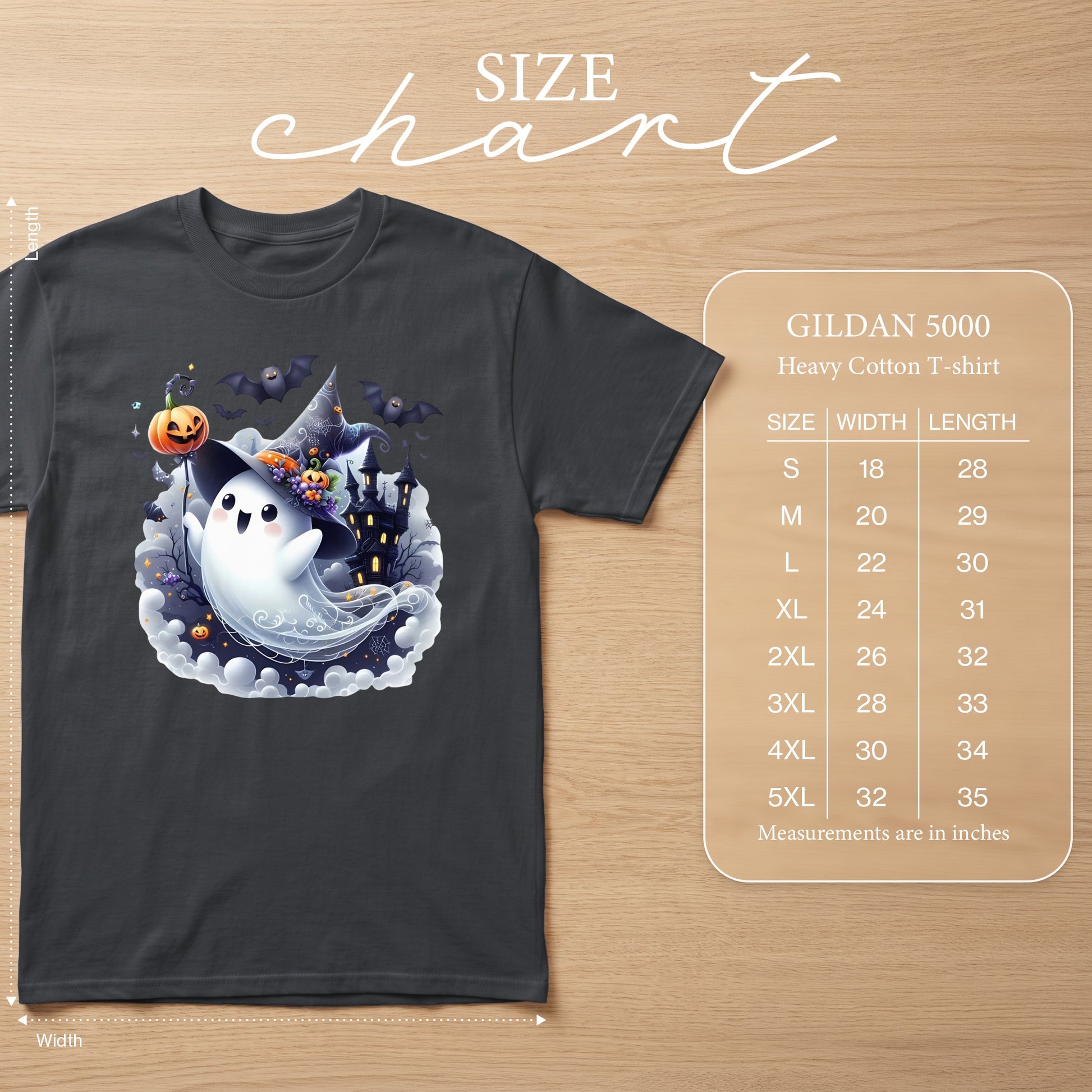Gildan 5000 Heavy Cotton T-shirt with ghost, pumpkin, bats, and haunted castle graphic.