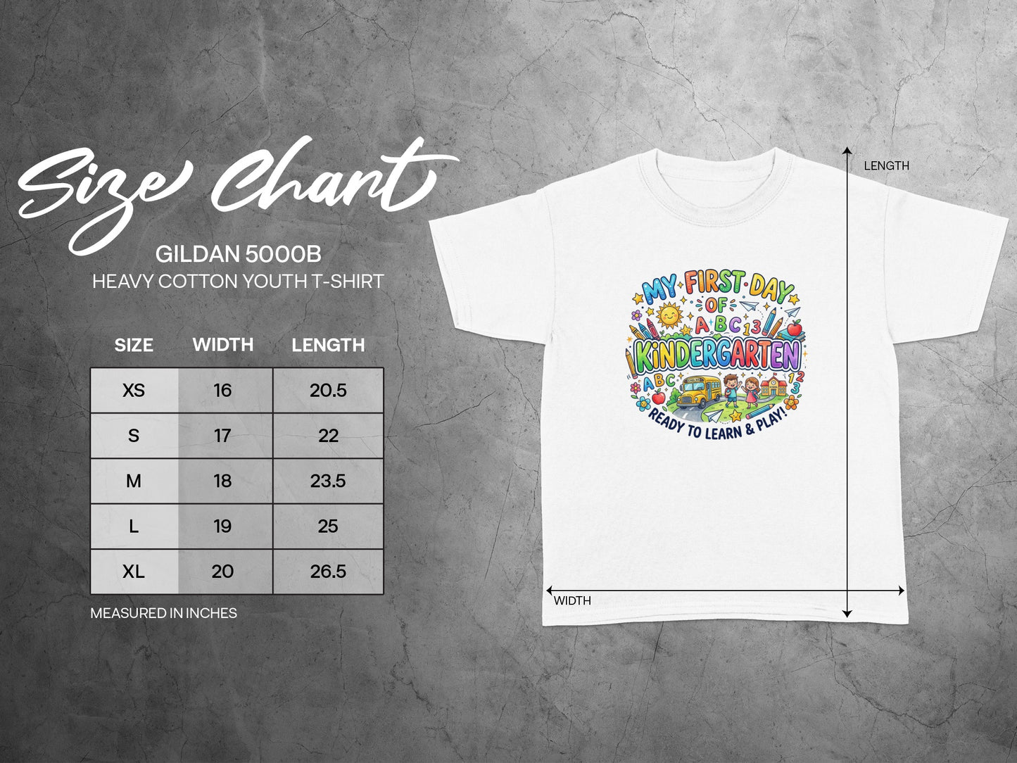 Gildan 5000B youth t-shirt size chart with width and length measurements.