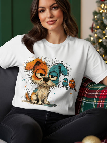 Cartoon dog with birds on a t-shirt, woman wearing shirt.