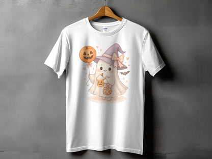 White t-shirt with a cute ghost in a witch hat holding a pumpkin balloon and drink.