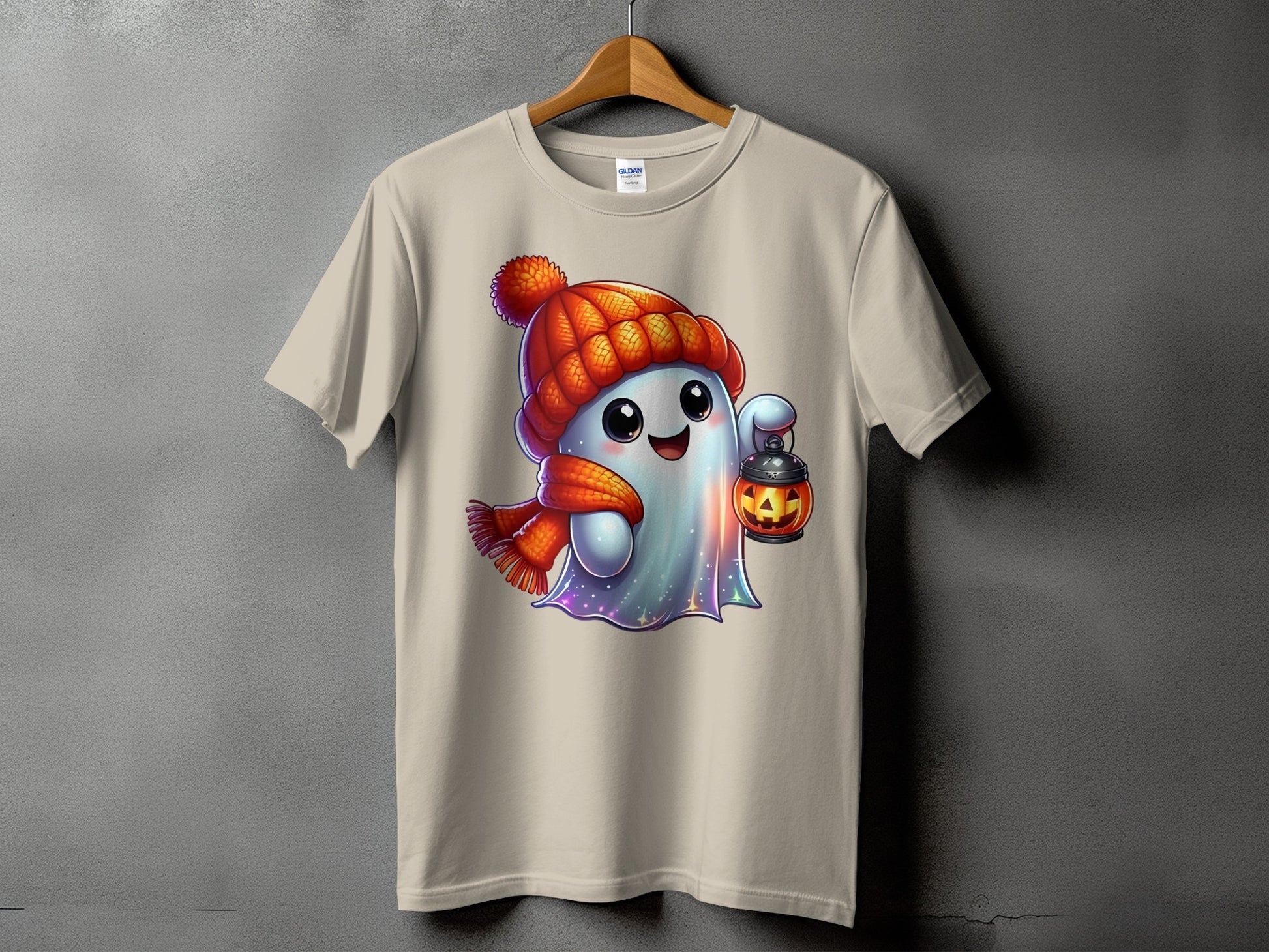 Ghost in a beanie and scarf holding a jack-o'-lantern.