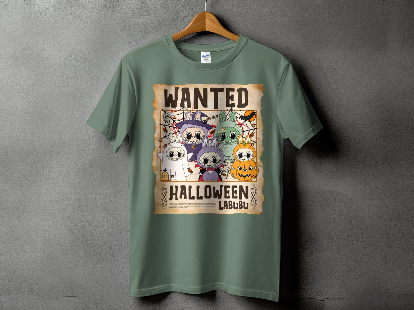 Green t-shirt with a "Wanted Halloween Labubu" design featuring cute characters.