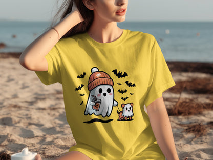 Cute Ghost and Dog Halloween T-Shirt with a Hat Design
