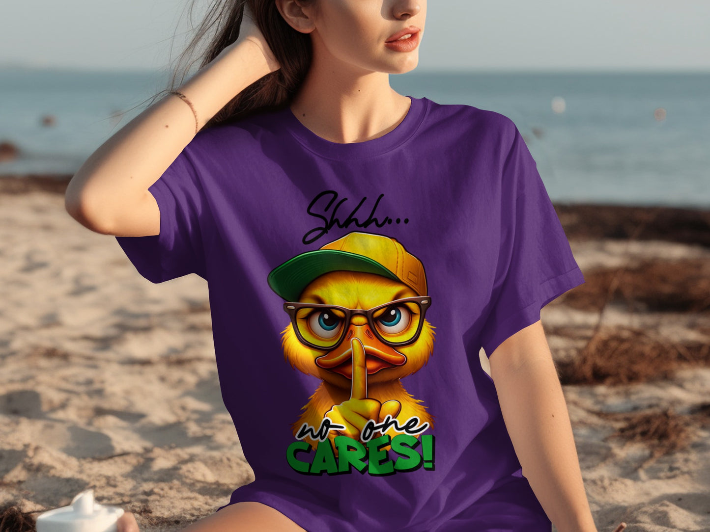 Shhh No One Cares Yellow Duck With Hat Graphic T-Shirt