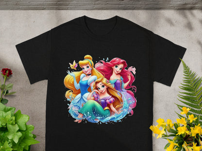 Black t-shirt with Ariel, Belle, and Cinderella from Disney princesses.