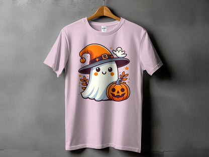 Cute ghost wearing a witch hat with a pumpkin and a small ghost.