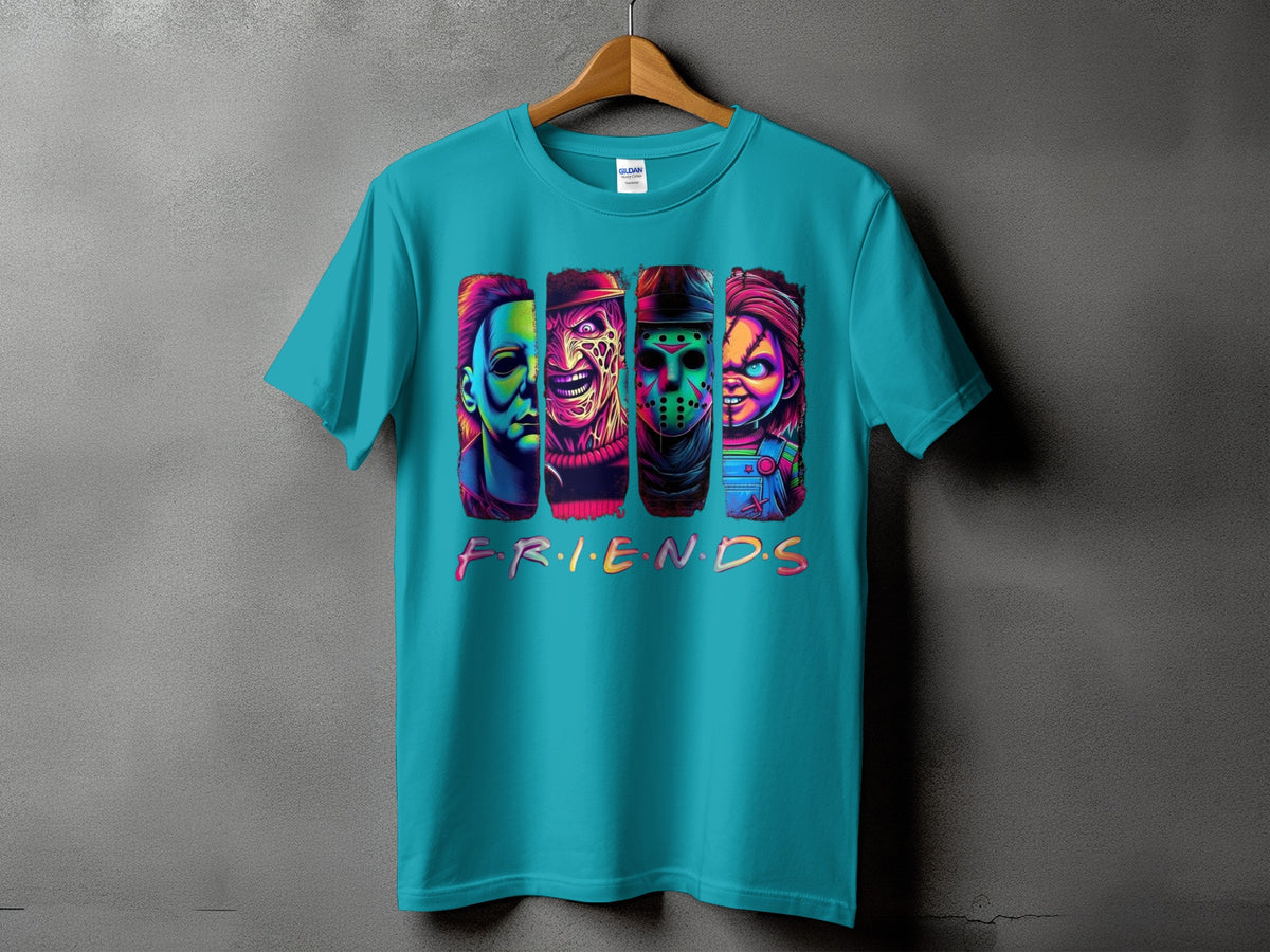 Turquoise t-shirt with horror characters and "FRIENDS" logo.