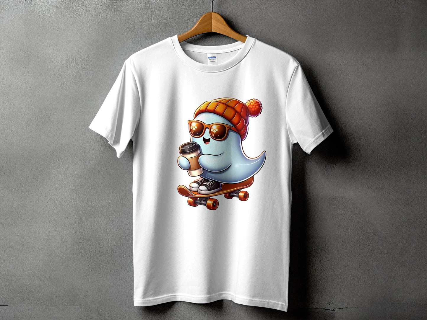 Ghost character with sunglasses and beanie riding skateboard with coffee cup.