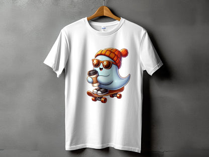 Ghost character with sunglasses and beanie riding skateboard with coffee cup.