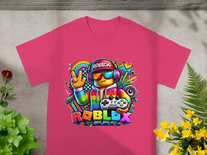 Roblox graphic tee with colorful character holding controller and wearing headphones.