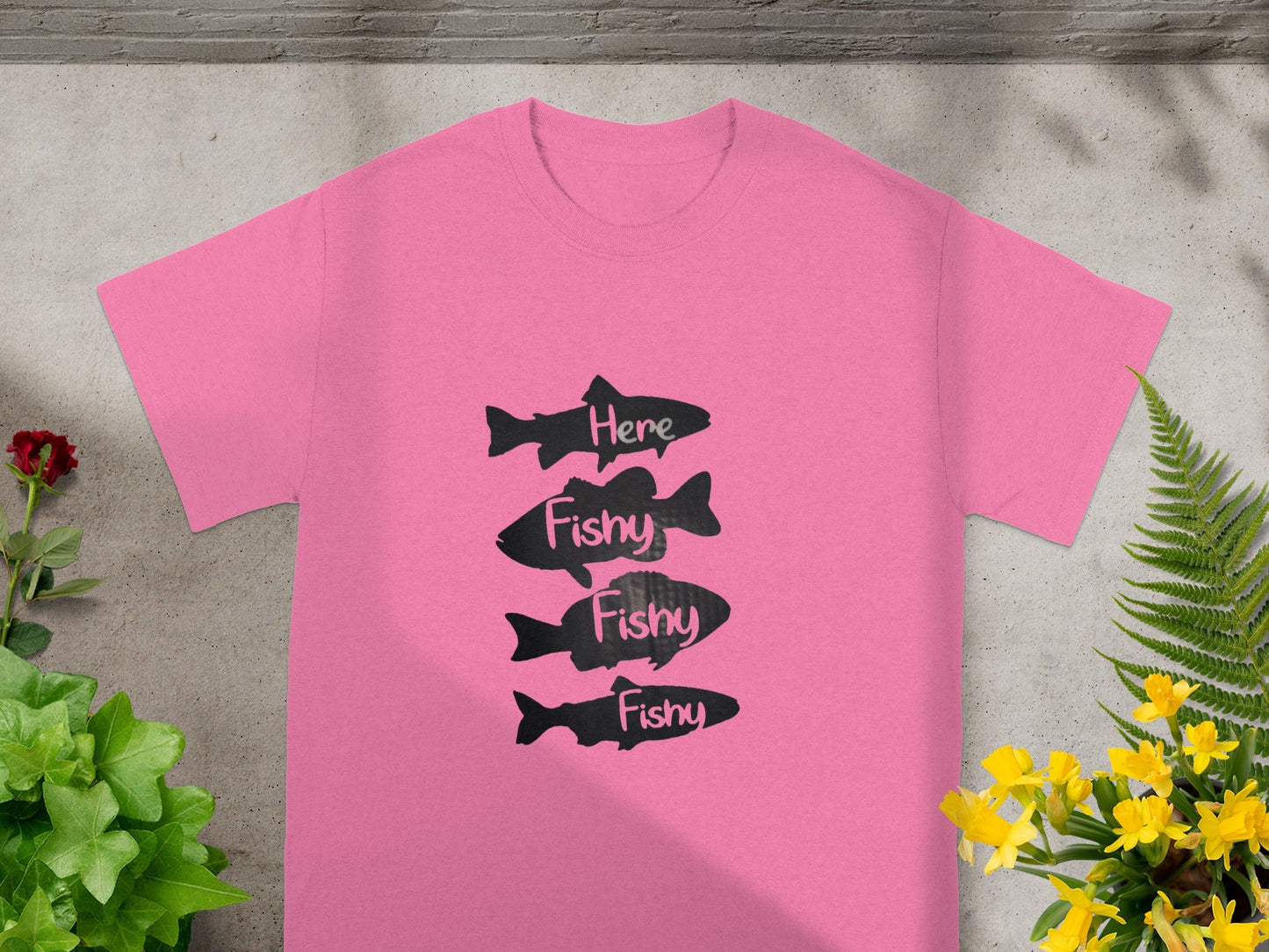 Here Fishy Fishy Fishy Pink Graphic T-shirt