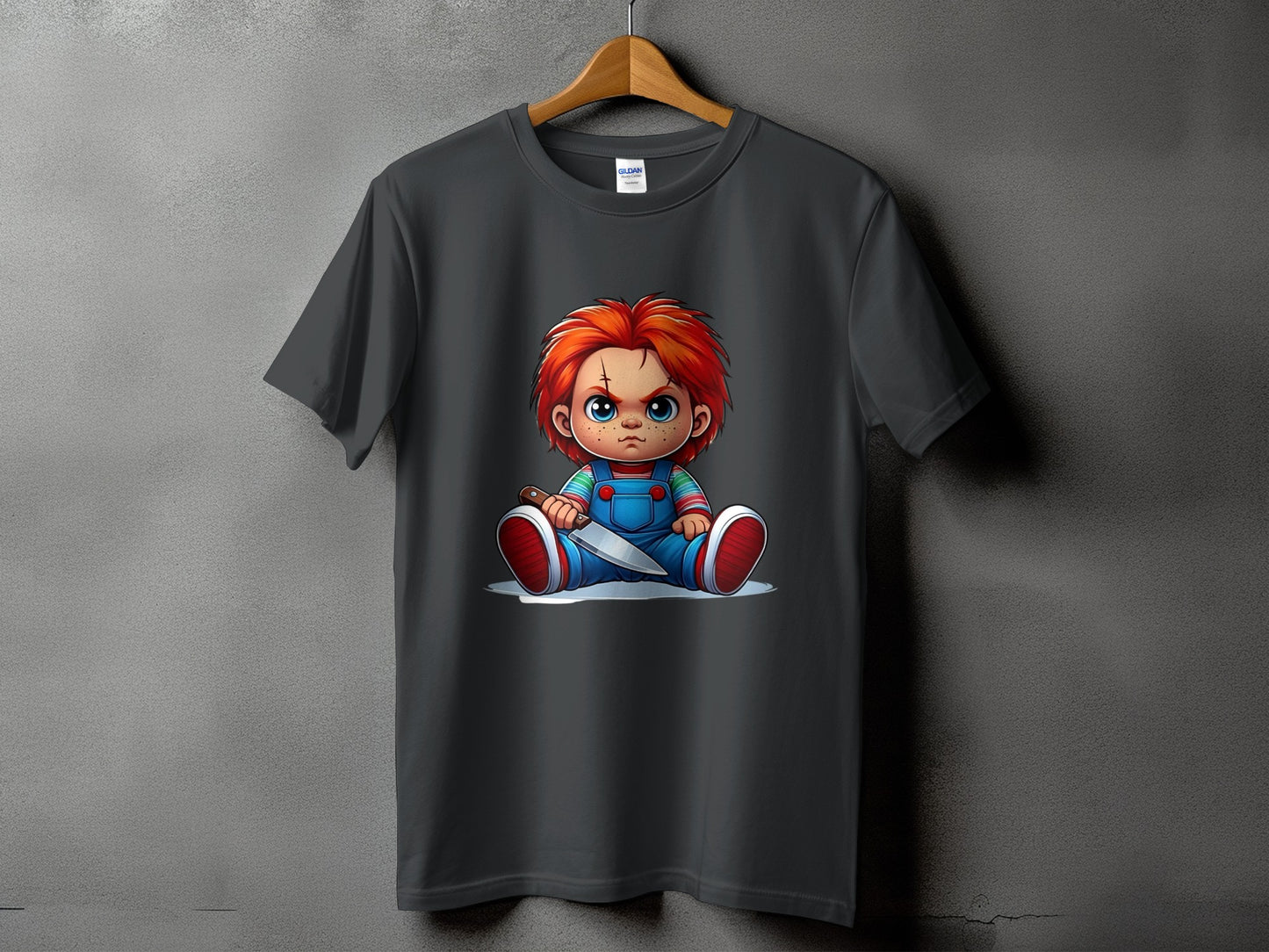 Dark gray t-shirt with Chucky doll graphic holding a knife.