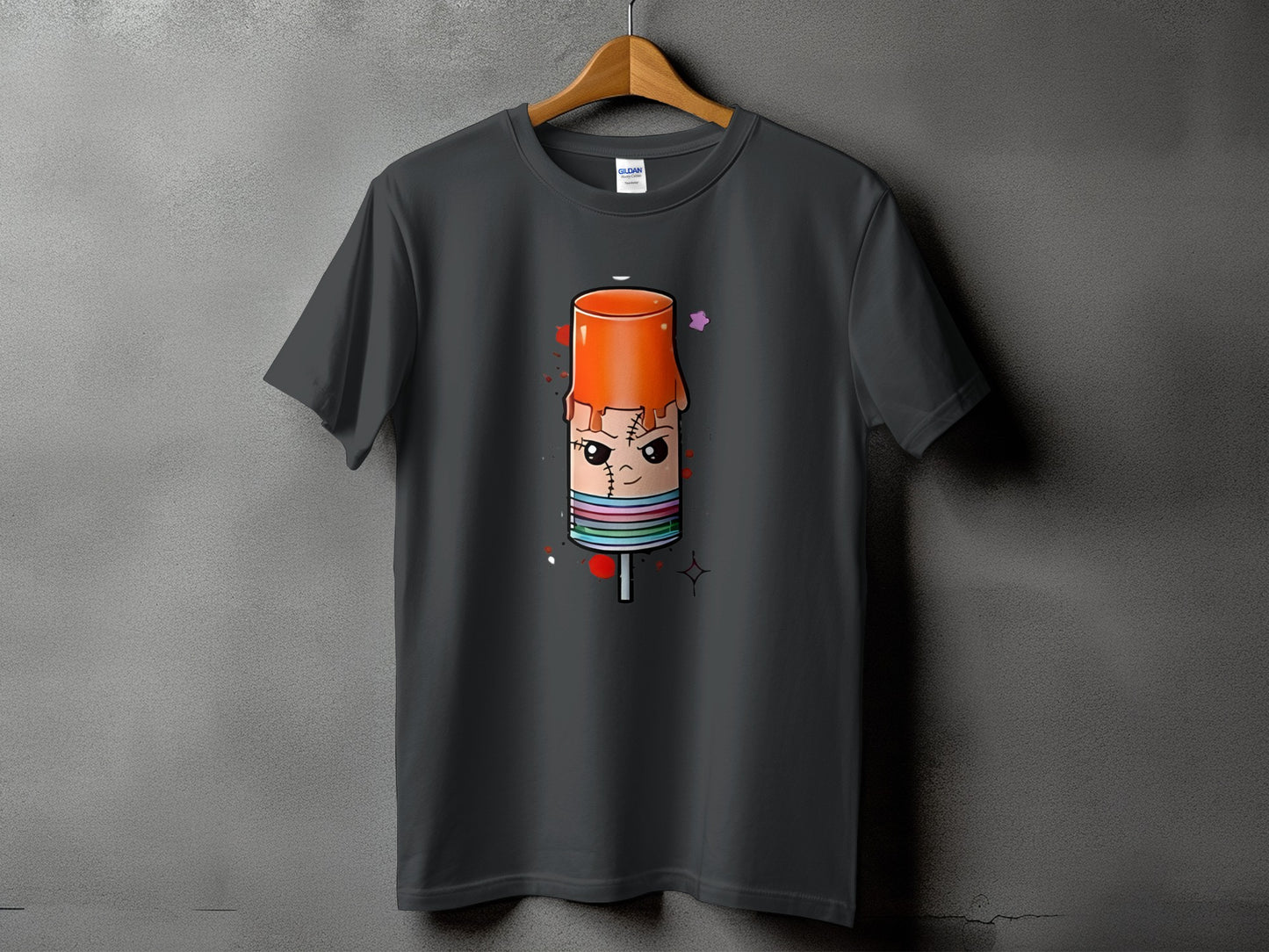 Dark grey t-shirt with cartoon popsicle character graphic on the front.