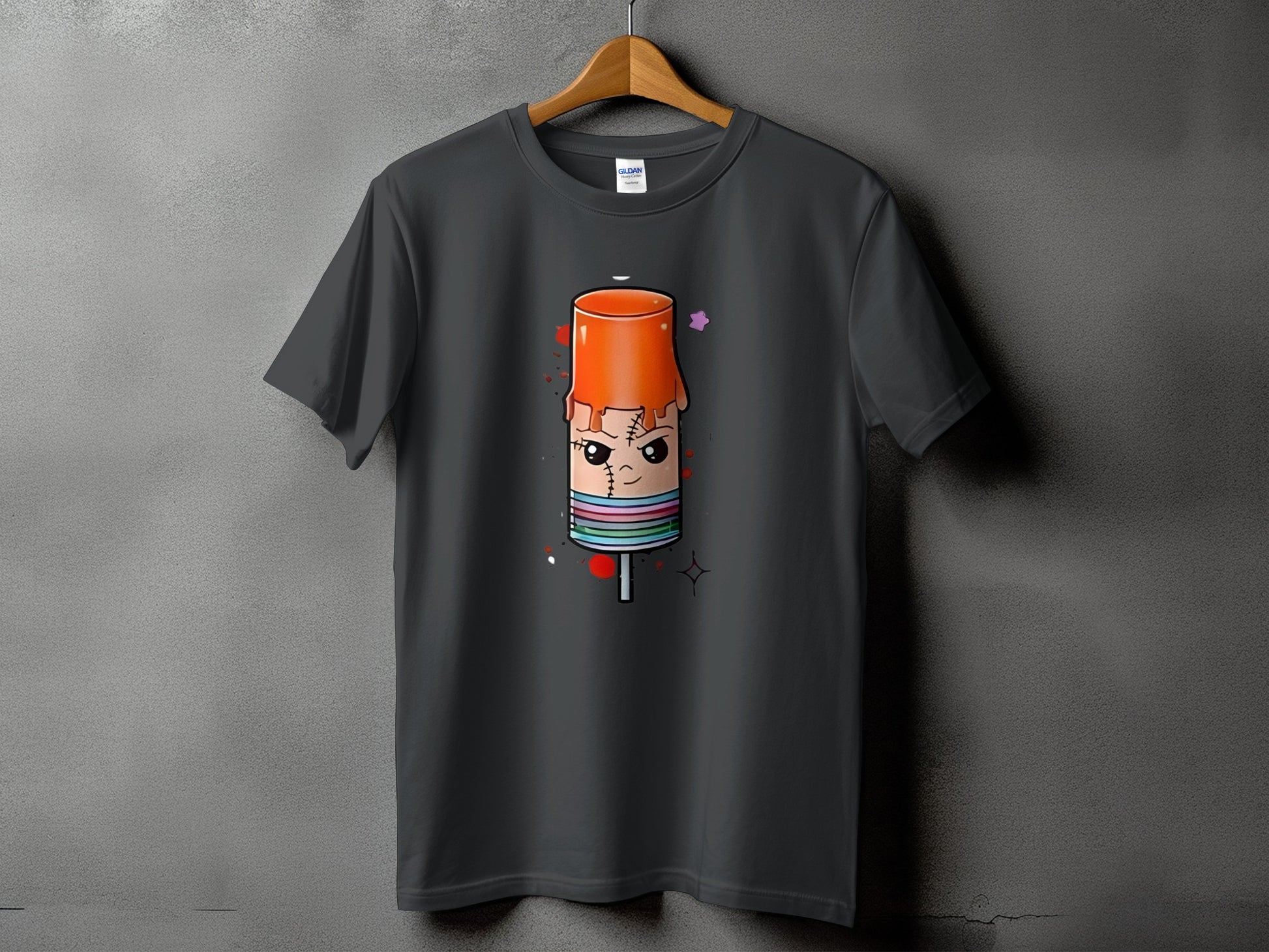 Dark grey t-shirt with cartoon popsicle character graphic on the front.