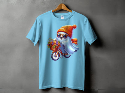 Light blue t-shirt featuring a cartoon ghost on a bicycle with flowers.