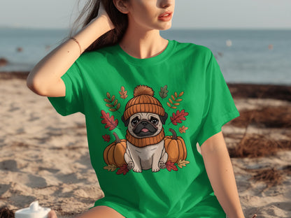 Cute Autumn Pug with Pumpkin Leaves Green T-Shirt