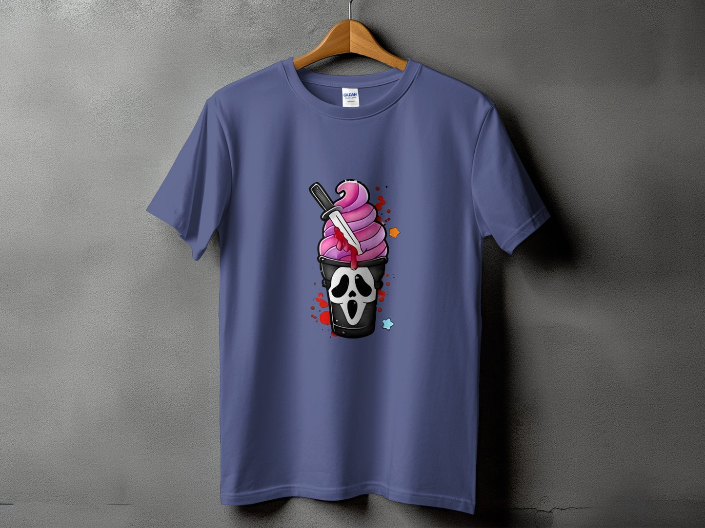 Purple t-shirt with Ghostface ice cream and knife graphic.