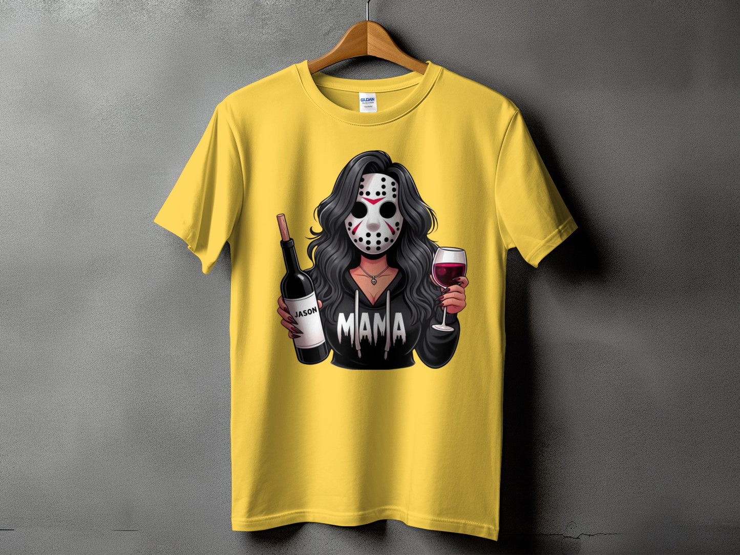 Yellow t-shirt with "Mama" text, featuring a character in a mask holding wine.