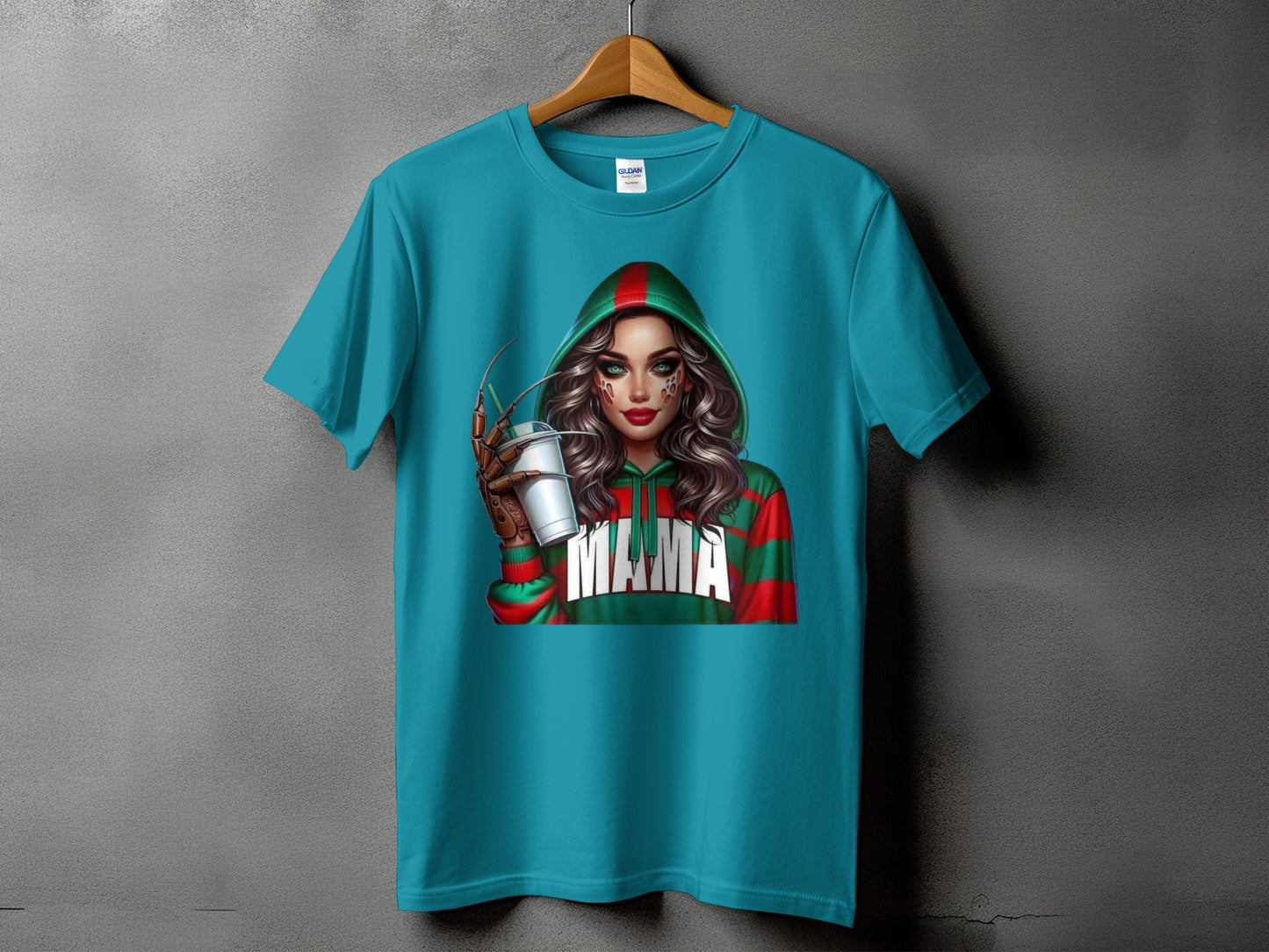 Teal t-shirt with graphic of woman in striped hoodie holding cup and clawed glove.