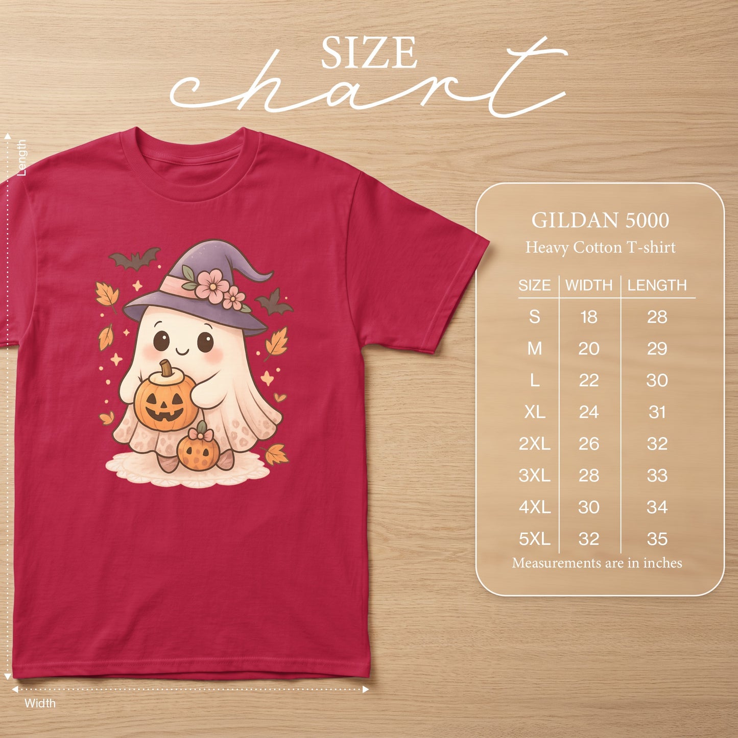 Gildan 5000 size chart with ghost graphic and pumpkin. Measurements in inches.