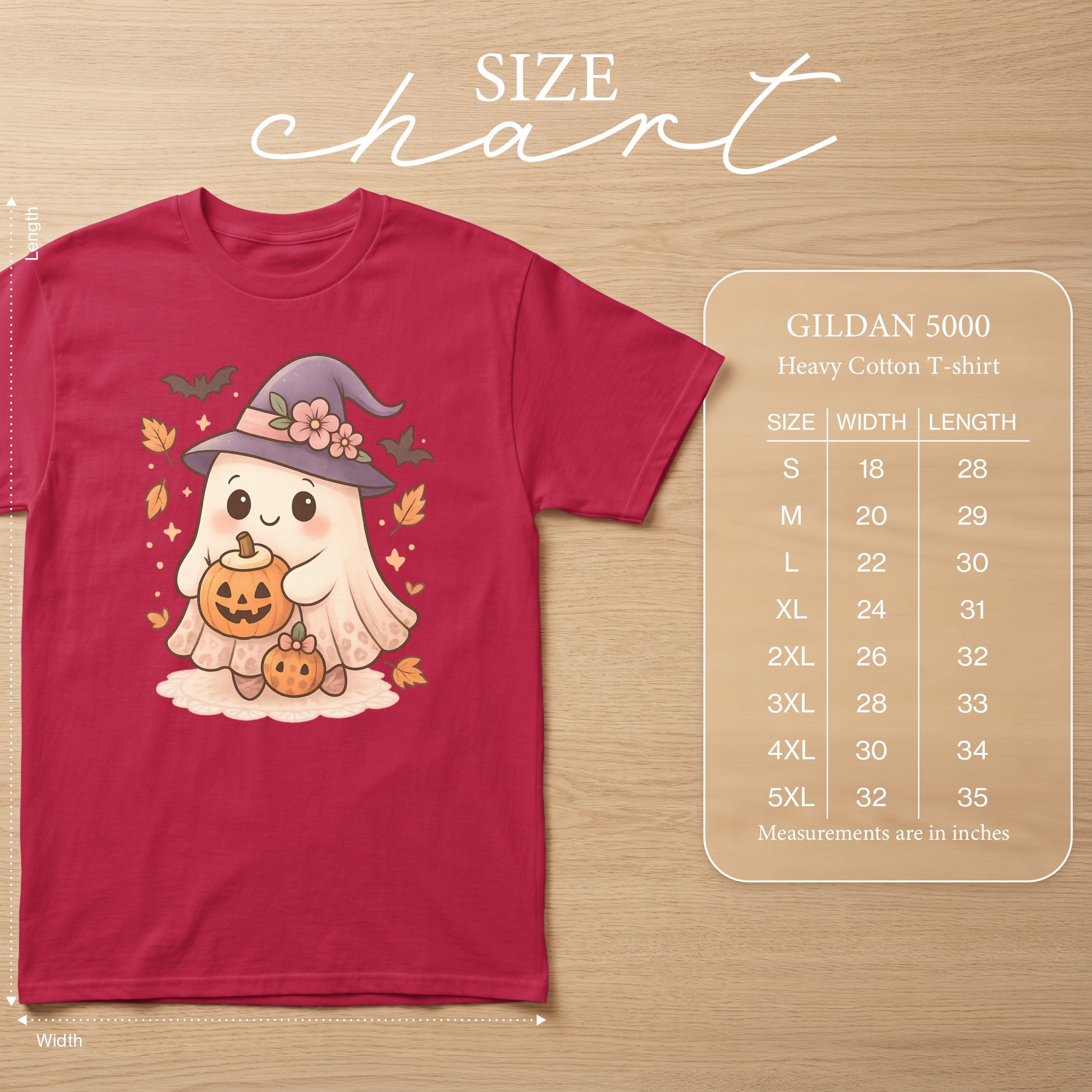 Gildan 5000 size chart with ghost graphic and pumpkin. Measurements in inches.