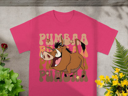 Pink t-shirt with Pumbaa from The Lion King graphic and text.