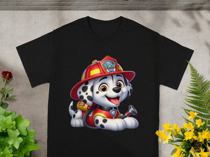 Black t-shirt with Marshall from Paw Patrol wearing a red firefighter helmet.